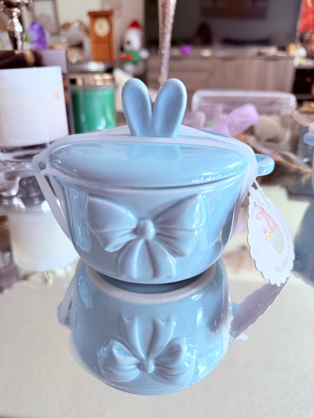Easter Bunny Mini Baker Bowl w Lid Blue 🐰 Welcome Spring Ceramic Dish